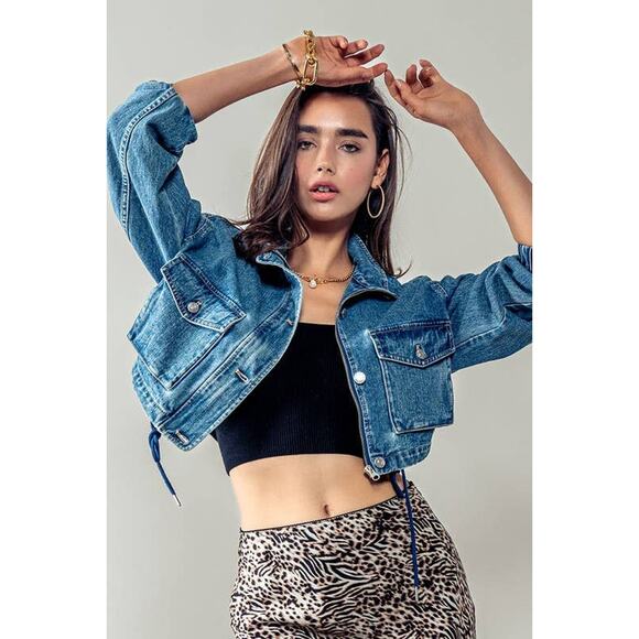 Urban Daizy Utility Cropped Drawstring Hem Stand Collar Denim Jacket - Picture 10 of 16